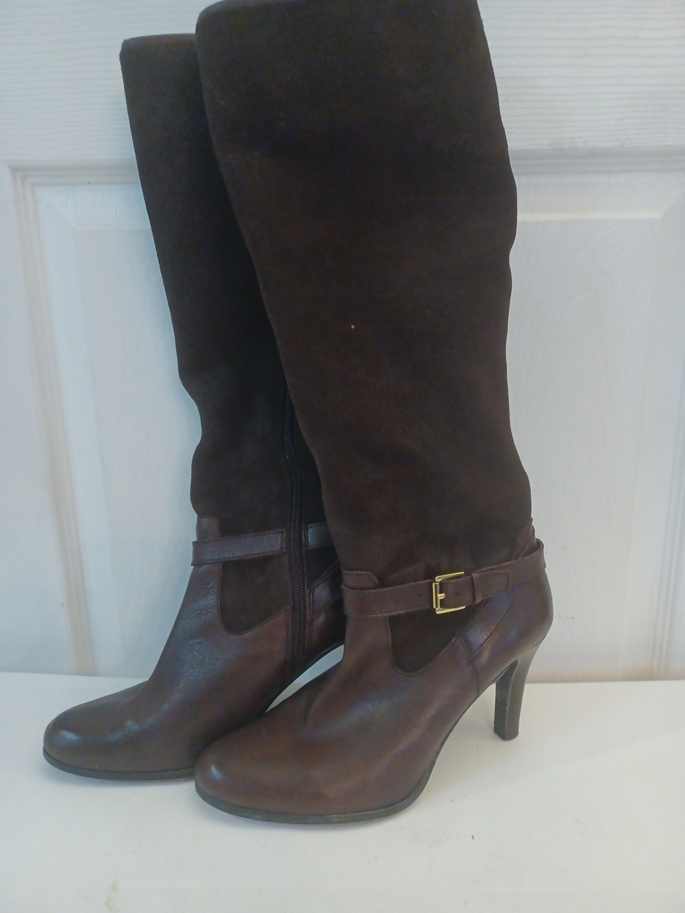 Lauren Ralph Lauren Dark Brown Suede & Leather Tall Heeled Boots Buckle Sz 8